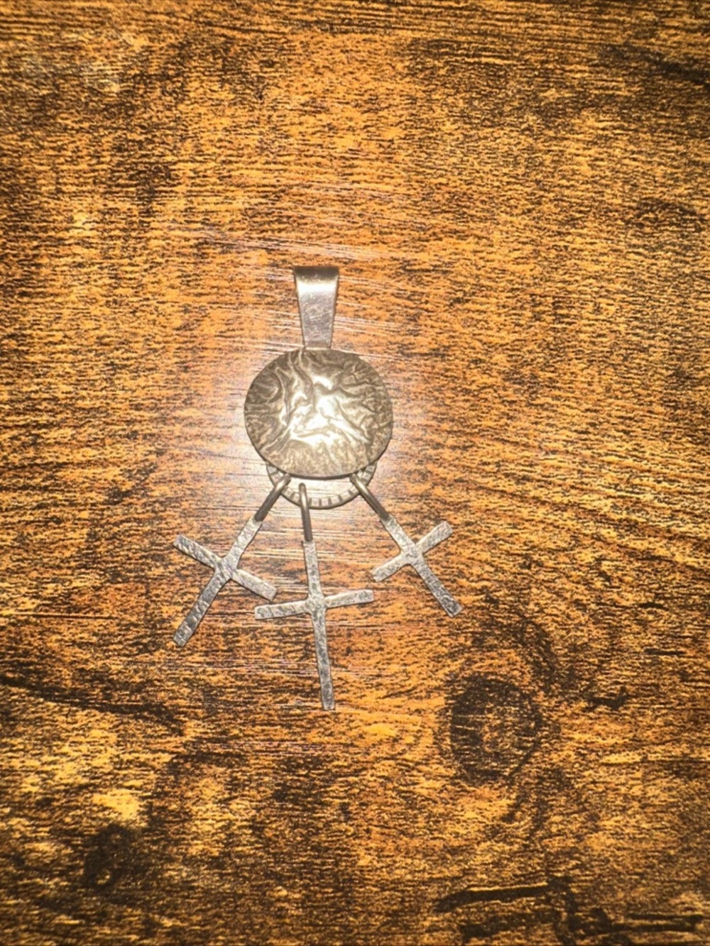 Vintage Religious Three Crosses Necklace Pendant From Mexico Silver